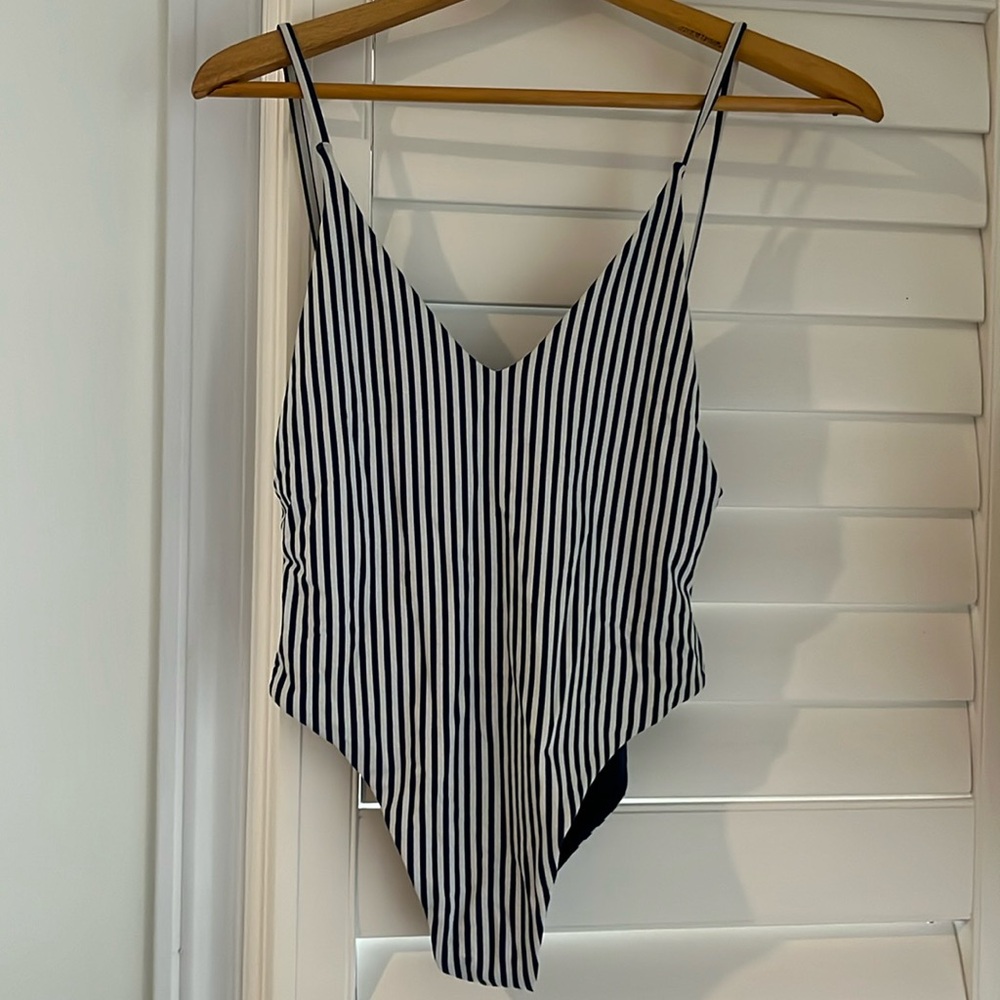 Navy-white stripes one-piece bathing suit - M